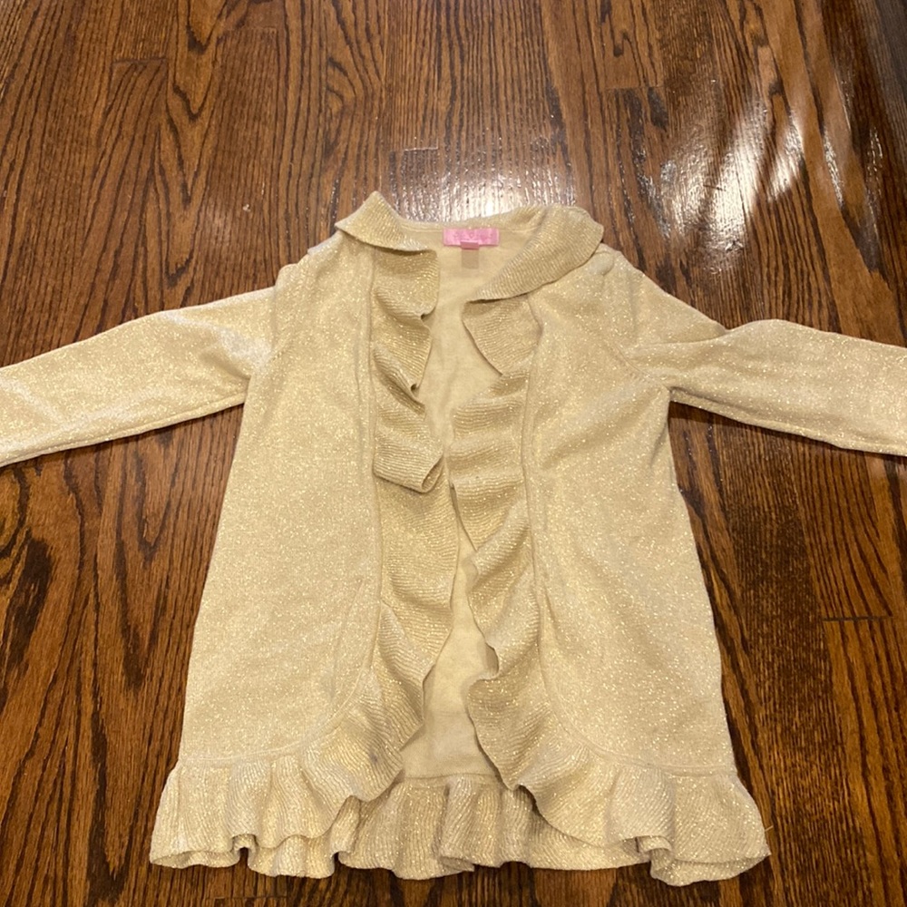 Lily Pulitzer ruffle size M girls cardigan tan with gold.. Girls 6/7 worn twice